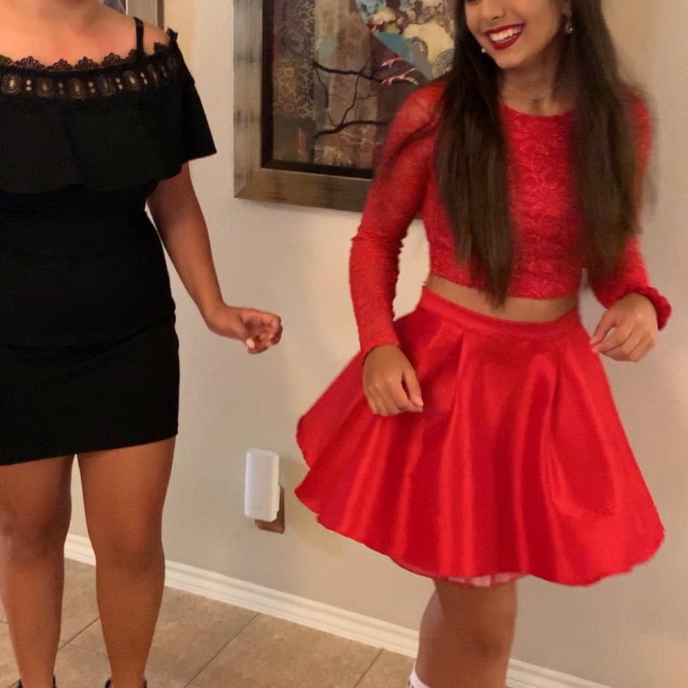 Lace Red Two Piece Skirt Set